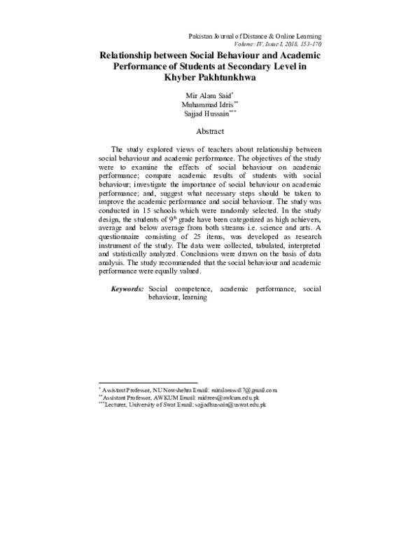 (PDF) Relationship between Social Behaviour and Academic Performance of ...