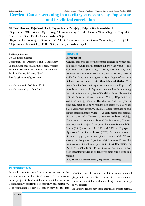 (PDF) Cervical Cancer screening in a tertiary care centre by Pap smear ...