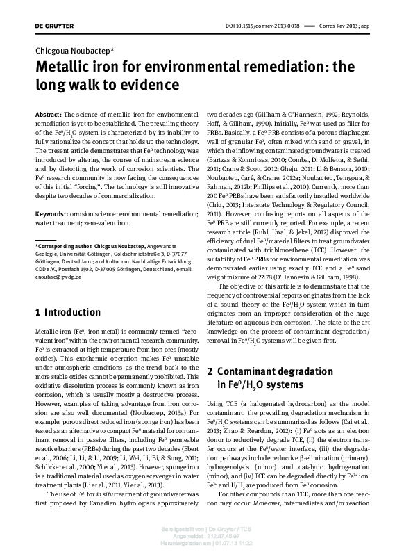 (PDF) Metallic iron for environmental remediation: the long walk to ...