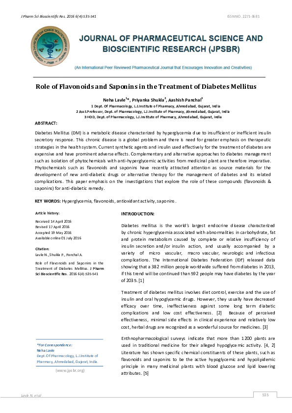 (PDF) Role of Flavonoids and Saponins in the Treatment of Diabetes Mellitus
