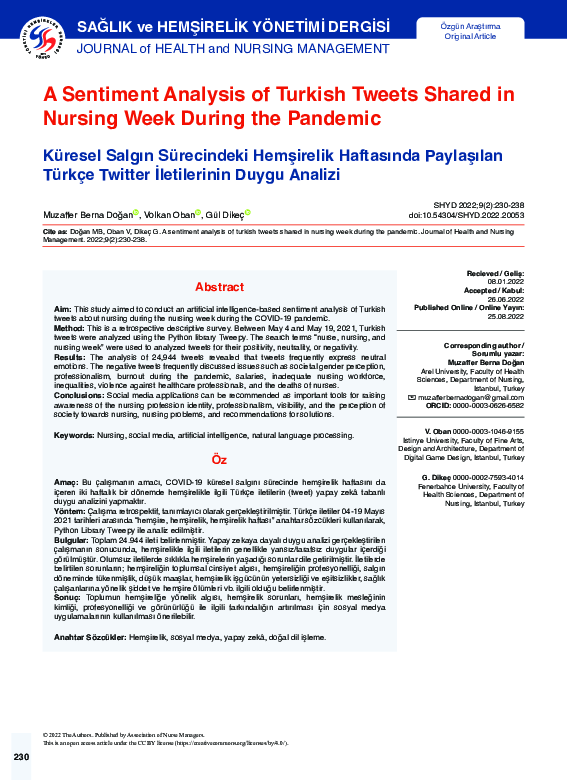 (PDF) A Sentiment Analysis of Turkish Tweets Shared in Nursing Week ...
