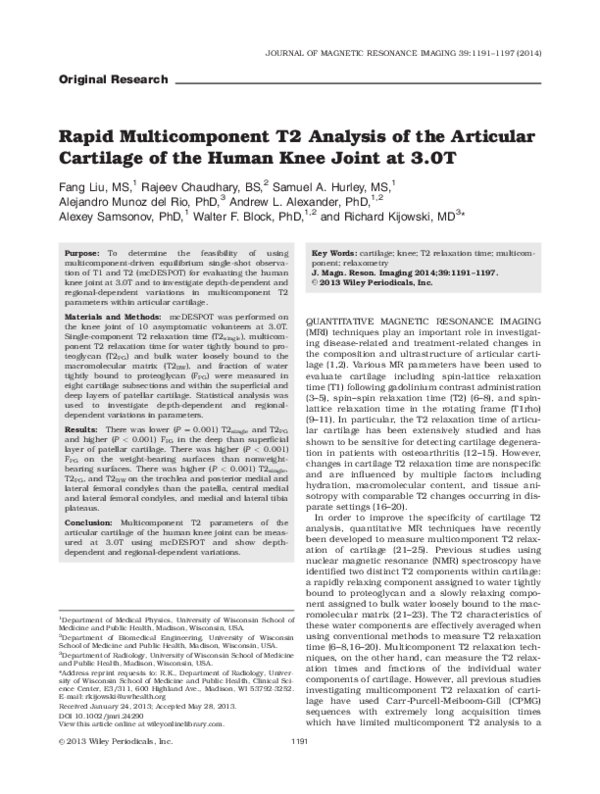 (PDF) Rapid multicomponent T2 analysis of the articular cartilage of ...