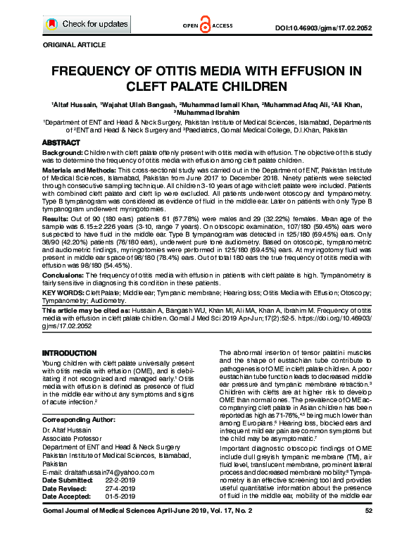 (PDF) Frequency of Otitis Media with Effusion in Cleft Palate Children
