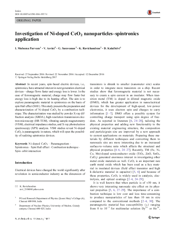 (PDF) Investigation of Ni-doped CeO2 nanoparticles–spintronics application