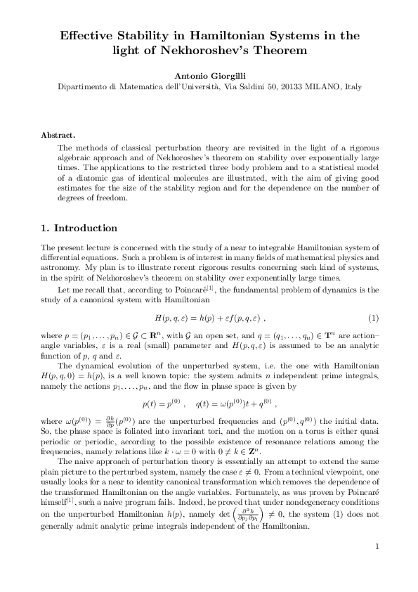 (PDF) Effective stability in Hamiltonian systems in the light of ...