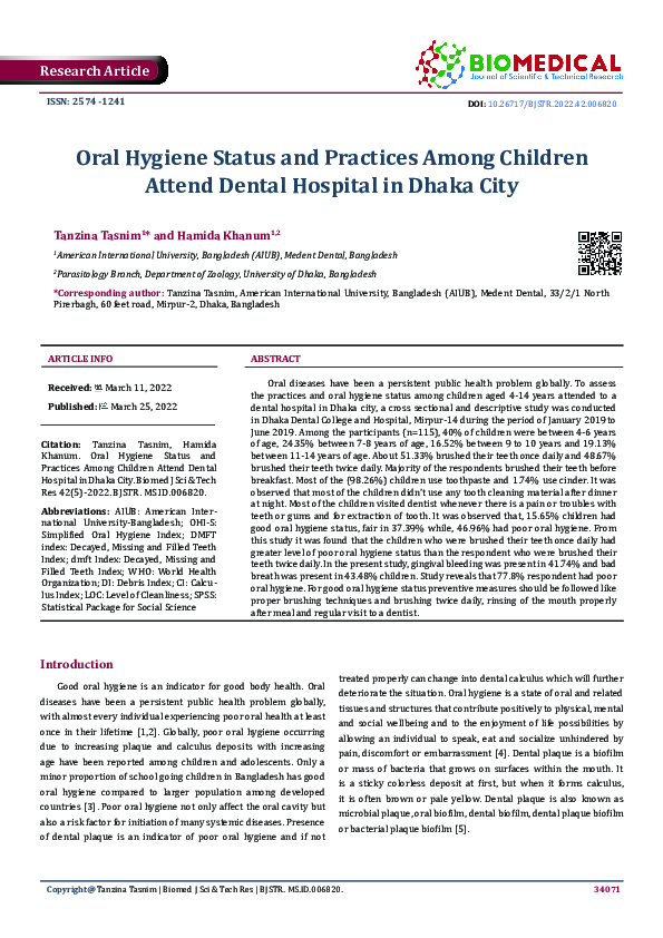 (PDF) Oral Hygiene Status and Practices Among Children Attend Dental ...