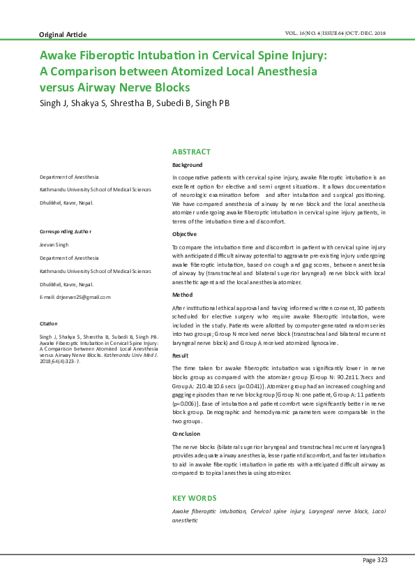 (PDF) Awake Fiberoptic Intubation in Cervical Spine Injury: A ...