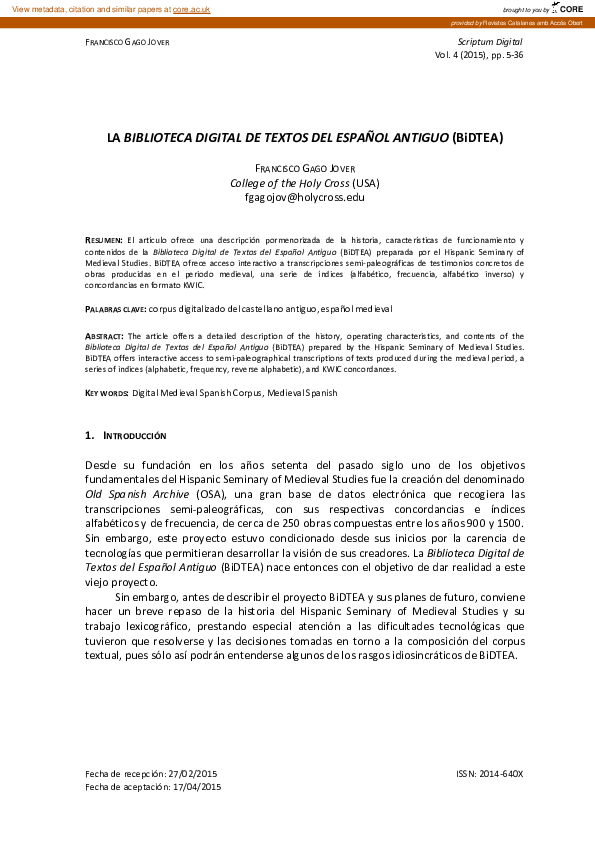 (PDF) La biblioteca digital de textos del español antiguo (BiDTEA)