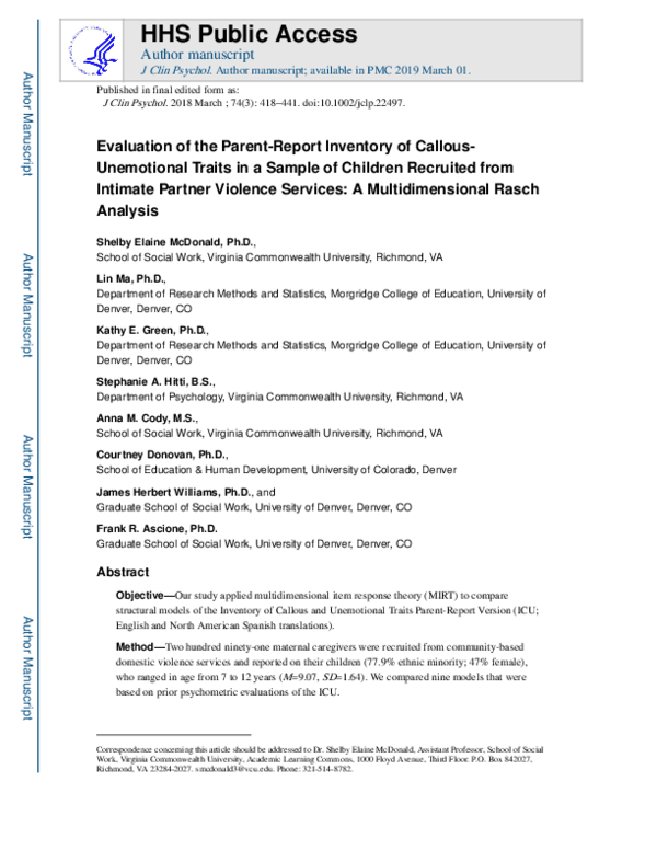 (PDF) Evaluation of the Parent-Report Inventory of Callous-Unemotional ...