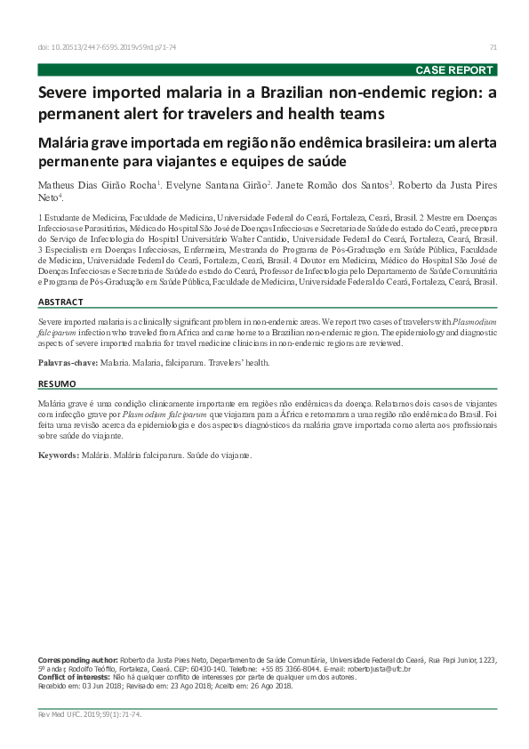 (PDF) Severe imported malaria in a Brazilian non-endemic region: a ...