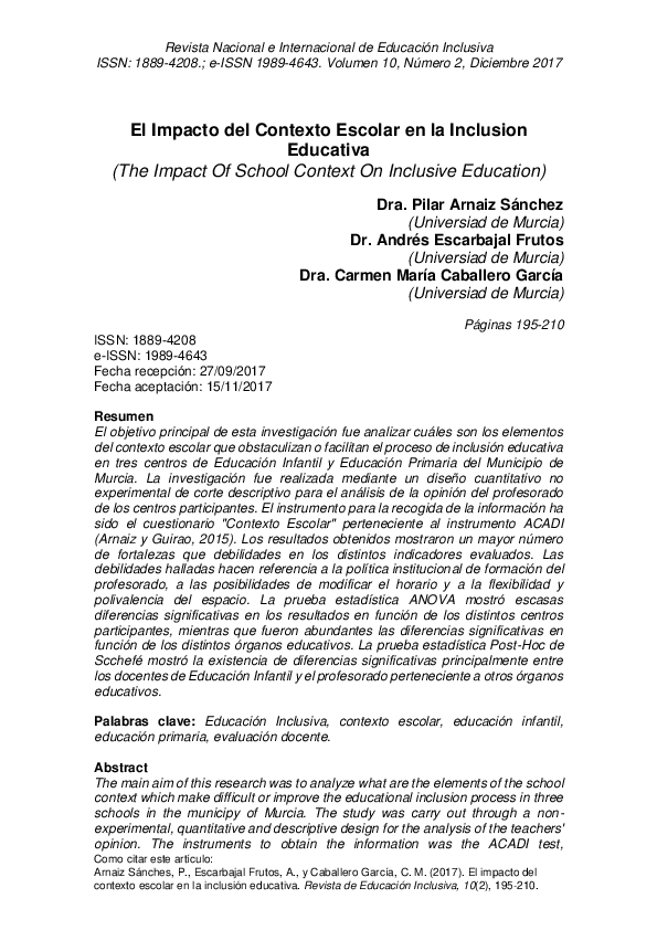 (PDF) El Impacto Del Contexto Escolar en La Inclusión Educativa
