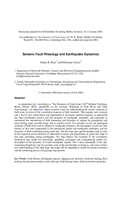 (PDF) Seismic Fault Rheology and Earthquake Dynamics