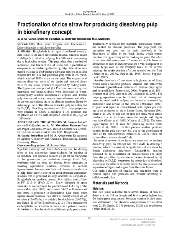 (PDF) Fractionation of rice straw for producing dissolving pulp in ...