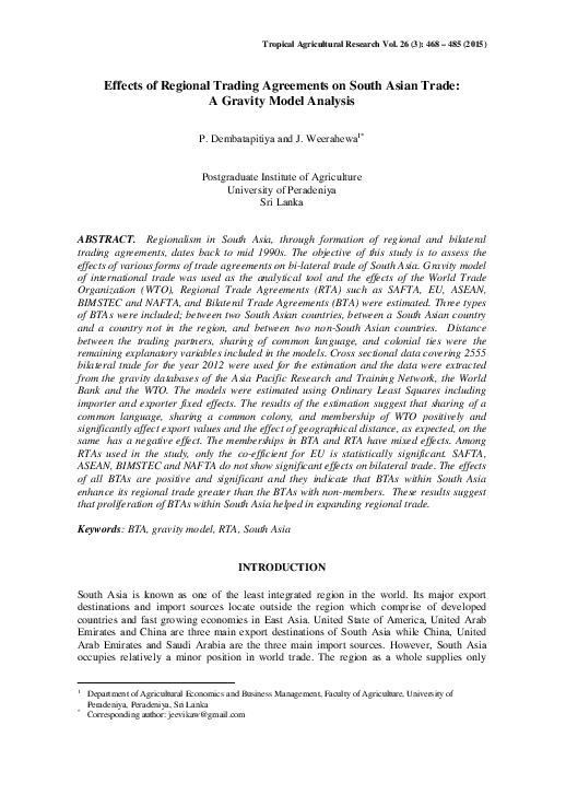 (PDF) Effects of regional trading agreements on South Asian trade: a ...