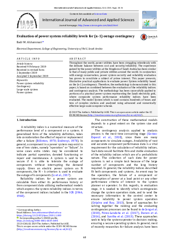 (PDF) Evaluation of power system reliability levels for (n-1) outage ...