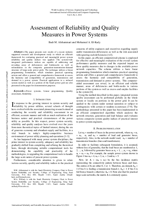 (PDF) Assessment of Reliability and Quality Measures in Power Systems