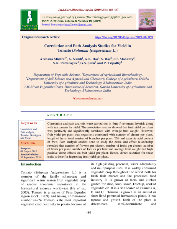 (PDF) Correlation and Path Analysis Studies for Yield in Tomato ...