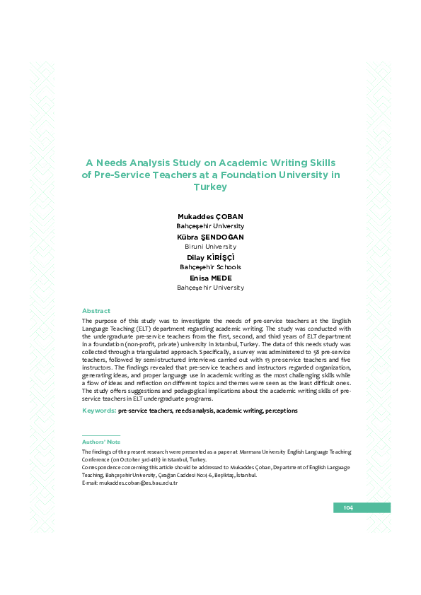 (PDF) A Needs Analysis Study on Academic Writing Skills of Pre-Service ...