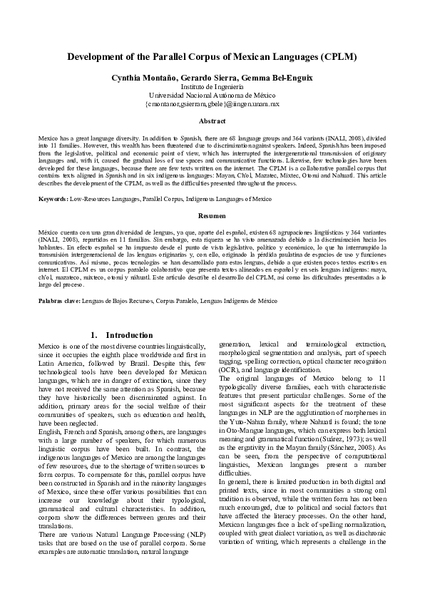 (PDF) Development of the Parallel Corpus of Mexican Languages (CPLM)