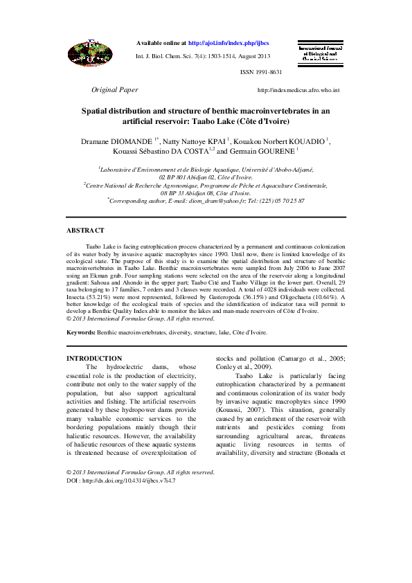(PDF) Spatial distribution and structure of benthic macroinvertebrates ...