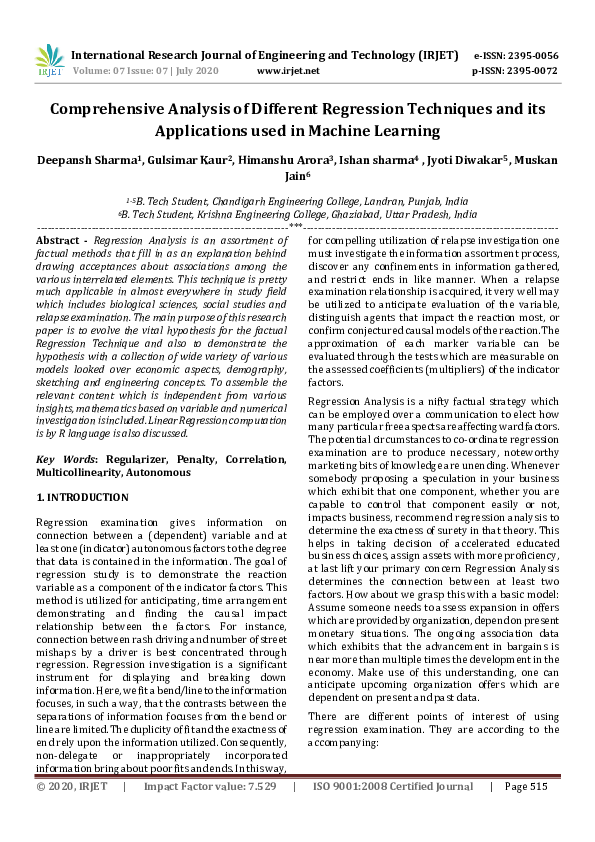 (PDF) Comprehensive Analysis of Different Regression Techniques and its ...