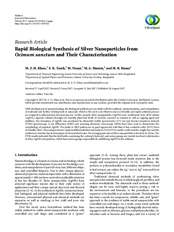 (PDF) Rapid Biological Synthesis of Silver Nanoparticles from Ocimum ...
