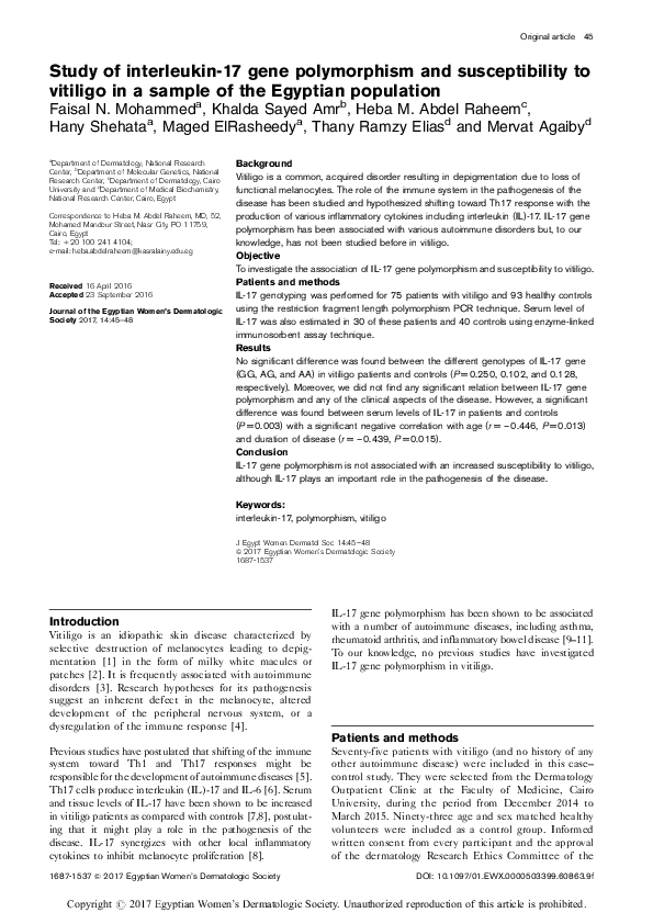 (PDF) Study of interleukin-17 gene polymorphism and susceptibility to ...