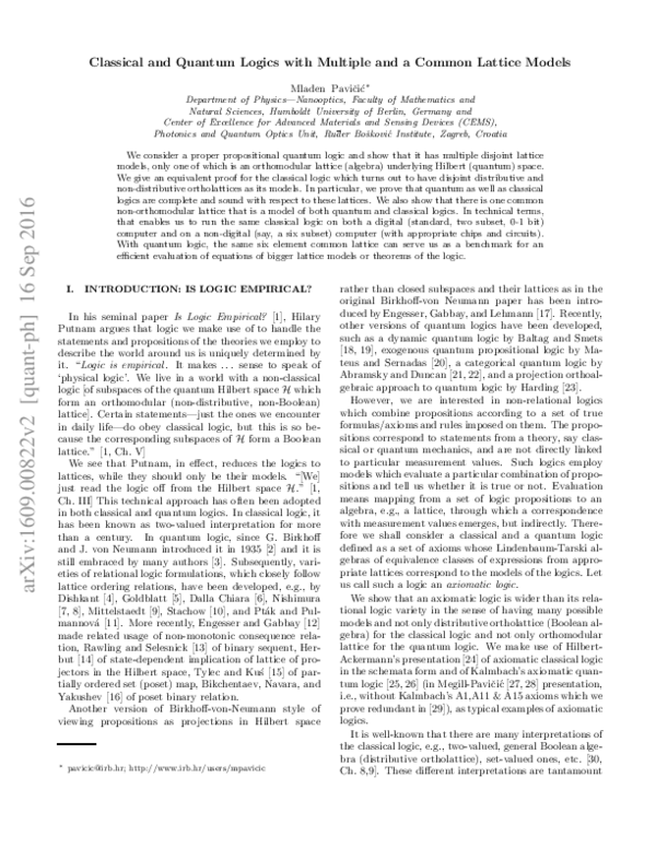 (PDF) Classical and Quantum Logics with Multiple and a Common Lattice ...