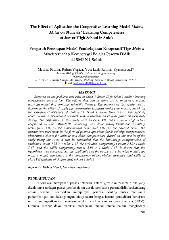(PDF) The Effect of Aplication the Cooperative Learning Model Make a ...