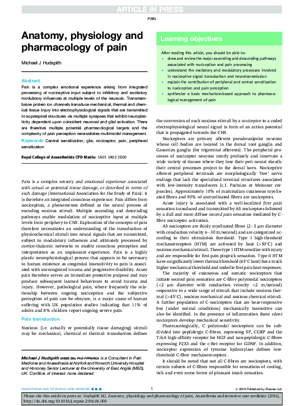 (PDF) Anatomy, physiology and pharmacology of pain
