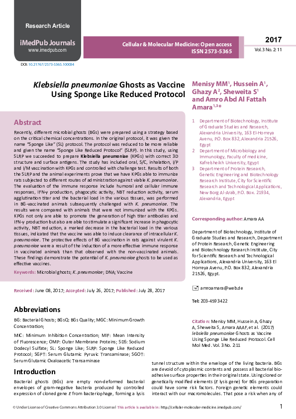 (PDF) Klebsiella pneumoniae Ghosts as Vaccine Using Sponge Like Reduced ...