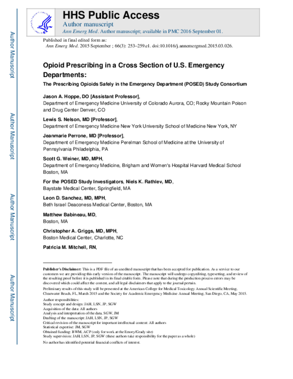 (PDF) Opioid Prescribing in a Cross Section of US Emergency Departments