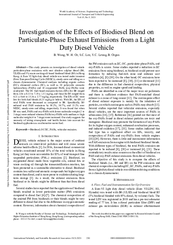 (PDF) Investigation of the Effects of Biodiesel Blend on Particulate ...