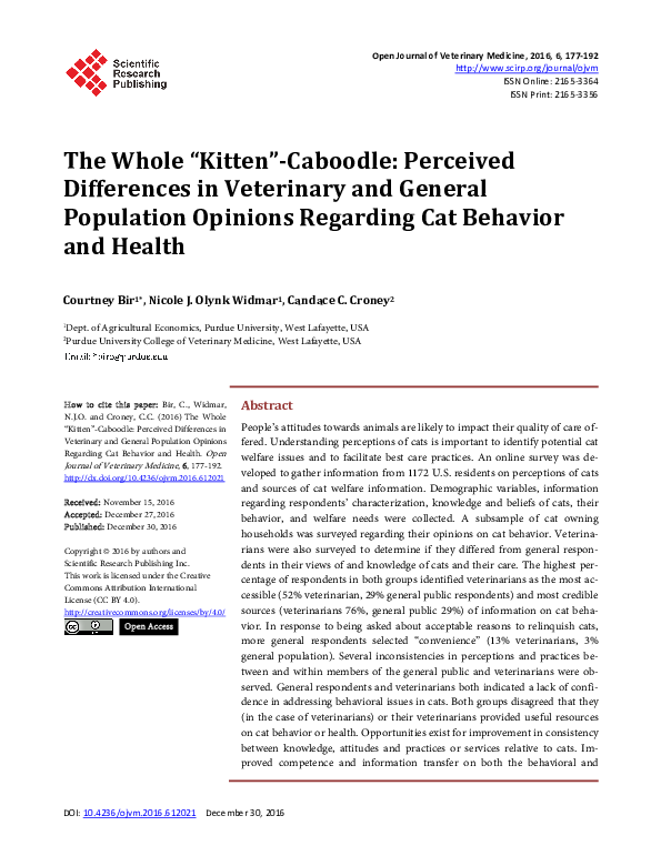The Whole “Kitten”-Caboodle: Perceived Differences in Veterinary and General Population Opinions Regarding Cat Behavior and Health