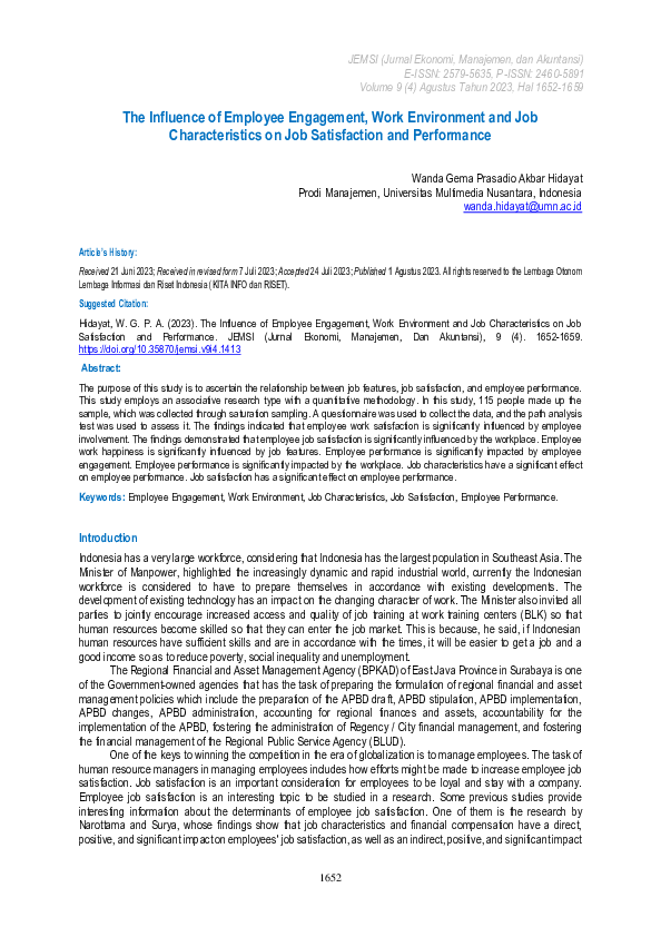 (PDF) The Influence of Employee Engagement, Work Environment and Job ...