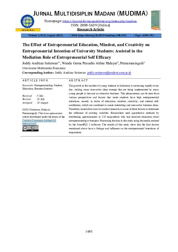 (PDF) The Effect of Entrepreneurial Education, Mindset, and Creativity ...