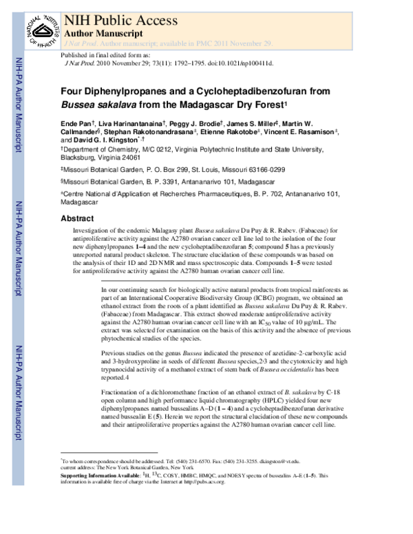 (PDF) Four Diphenylpropanes and a Cycloheptadibenzofuran from Bussea ...