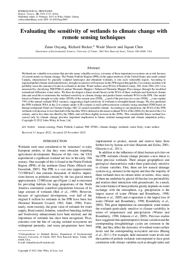 (PDF) Evaluating the sensitivity of wetlands to climate change with ...