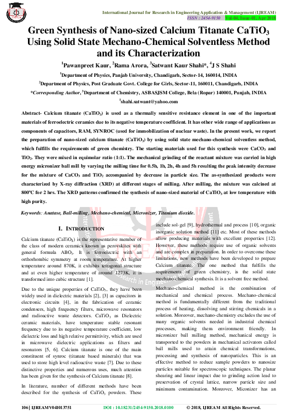 (PDF) Green Synthesis of Nano-sized Calcium Titanate CaTiO3 Using Solid ...