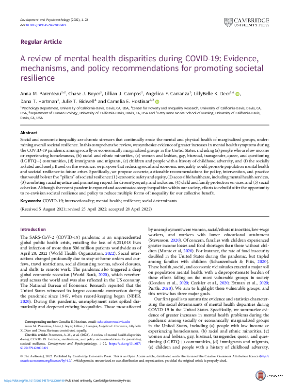 (PDF) A review of mental health disparities during COVID-19: Evidence ...