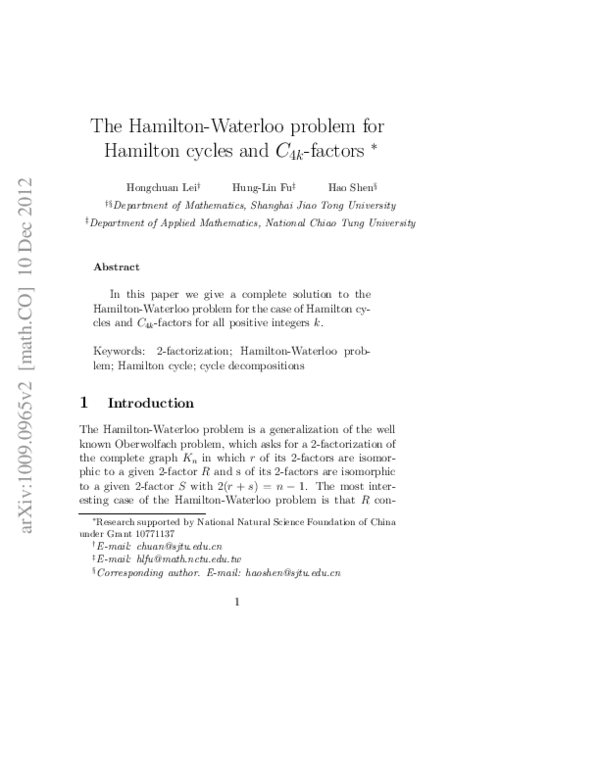 (PDF) The Hamilton-Waterloo problem for Hamilton cycles and C4k-factors