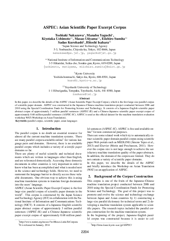 (PDF) ASPEC: Asian Scientific Paper Excerpt Corpus