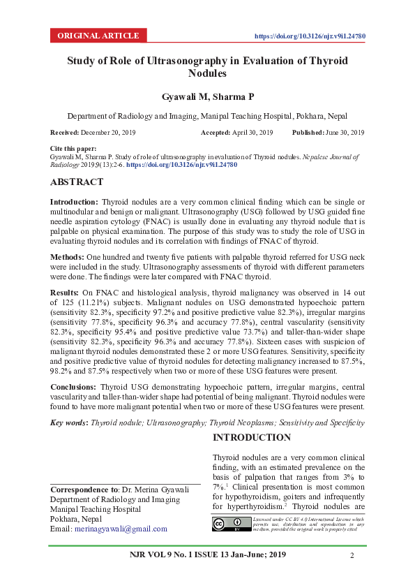 (PDF) Study of Role of Ultrasonography in Evaluation of Thyroid Nodules
