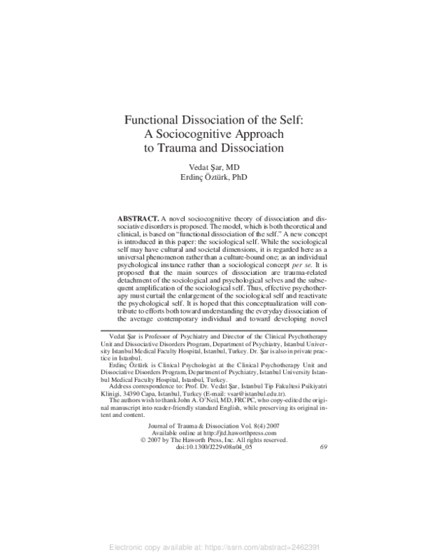 (PDF) Functional Dissociation of the Self: A Sociocognitive Approach to ...