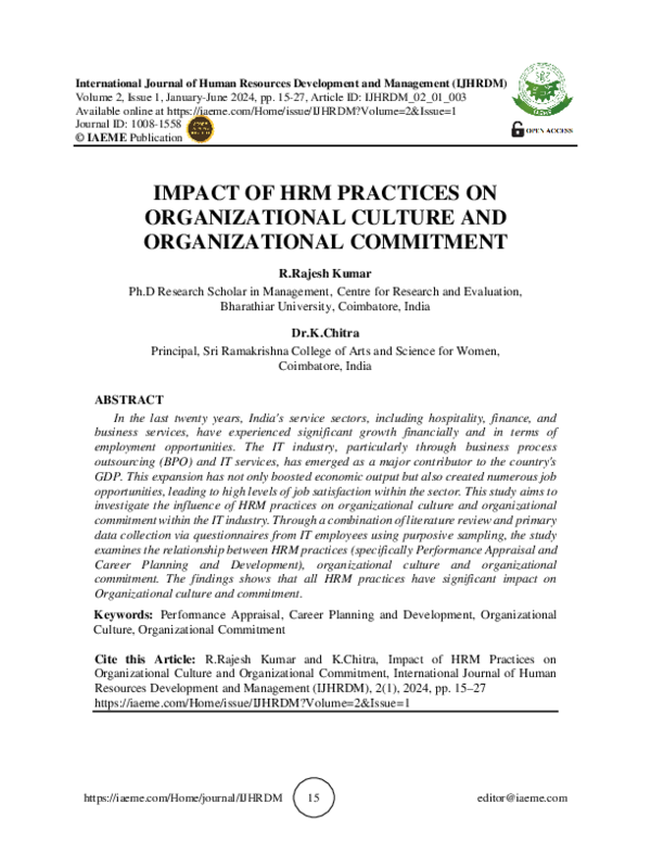 (PDF) IMPACT OF HRM PRACTICES ON ORGANIZATIONAL CULTURE AND ...