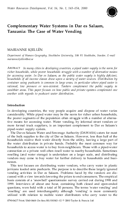 (PDF) Complementary Water Systems in Dar es Salaam, Tanzania: The Case ...