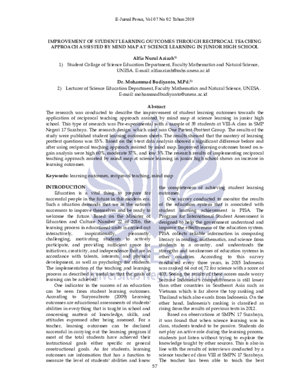 (PDF) Improvement of Student Learning Outcomes Through Reciprocal ...