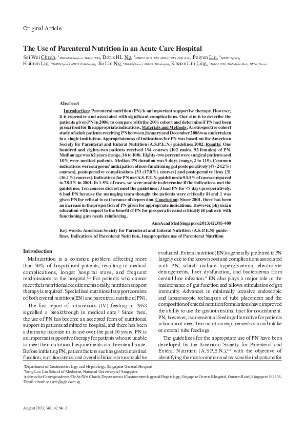 (PDF) The Use of Parenteral Nutrition in an Acute Care Hospital