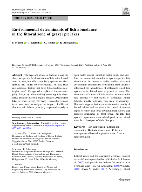 (PDF) Environmental determinants of fish abundance in the littoral zone ...