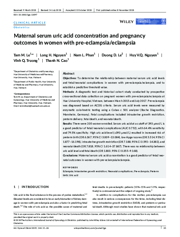 (PDF) Maternal serum uric acid concentration and pregnancy outcomes in ...
